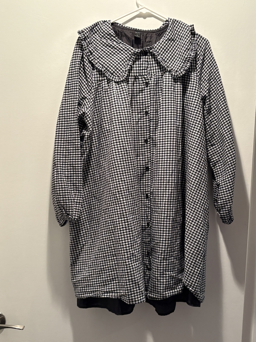 Black & White Gingham Button-Front Trench Coat with Peter Pan Collar